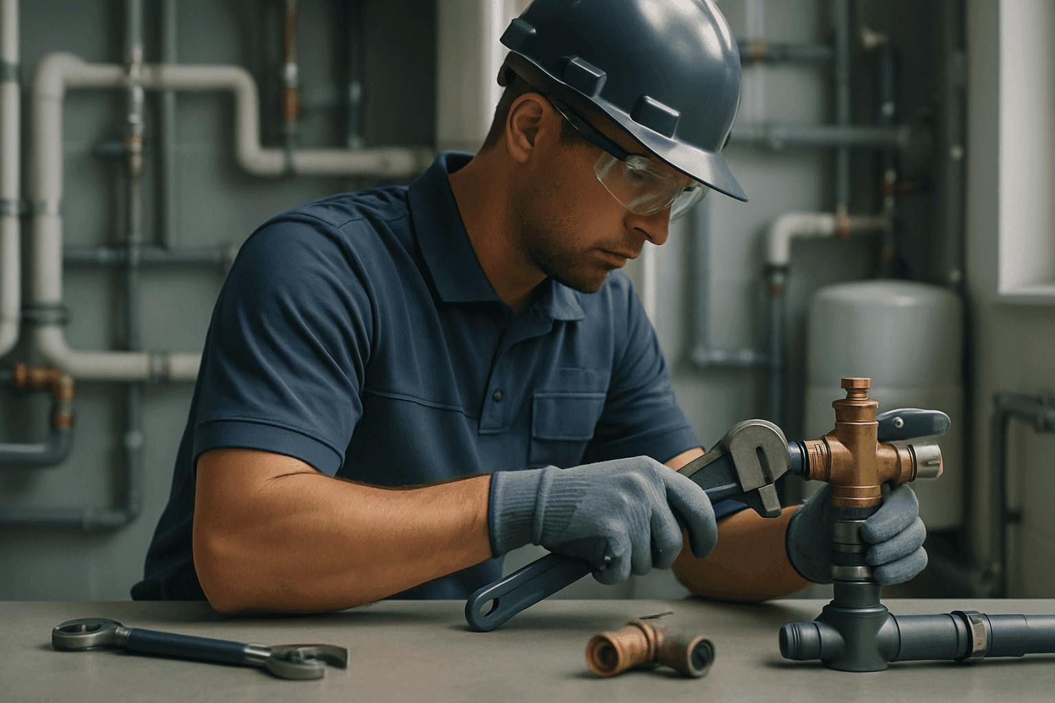 Plumber wearing gloves, goggles, and helmet adjusting pipe valve in organized plumbing workspace