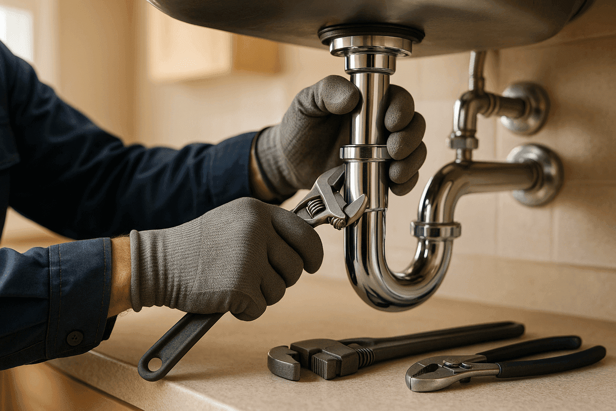 Plumber's gloved hands tightening chrome pipe fitting under kitchen sink with tools nearby